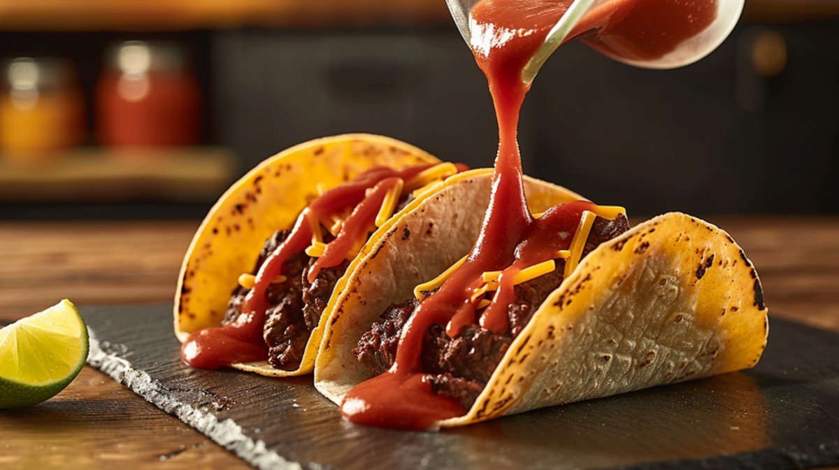 Classic homemade taco sauce drizzled over two fully dressed beef tacos resting on dark slate in warm natural kitchen light
