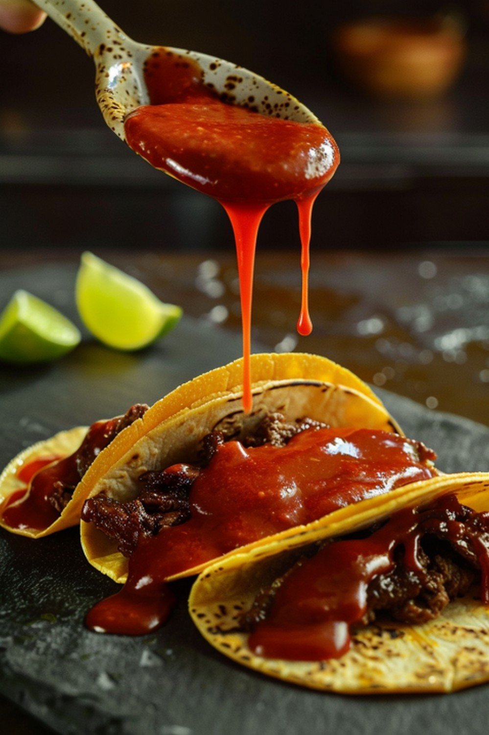 Bright glossy red taco sauce drizzled in slow diagonal stream from ceramic spoon above two fully dressed tacos resting open-face on dark slate
