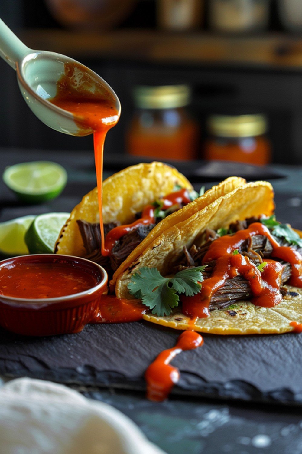 Taco Tuesday setup with two loaded tacos on dark slate and classic red taco sauce ramekin with lime wedge and cilantro sprig

