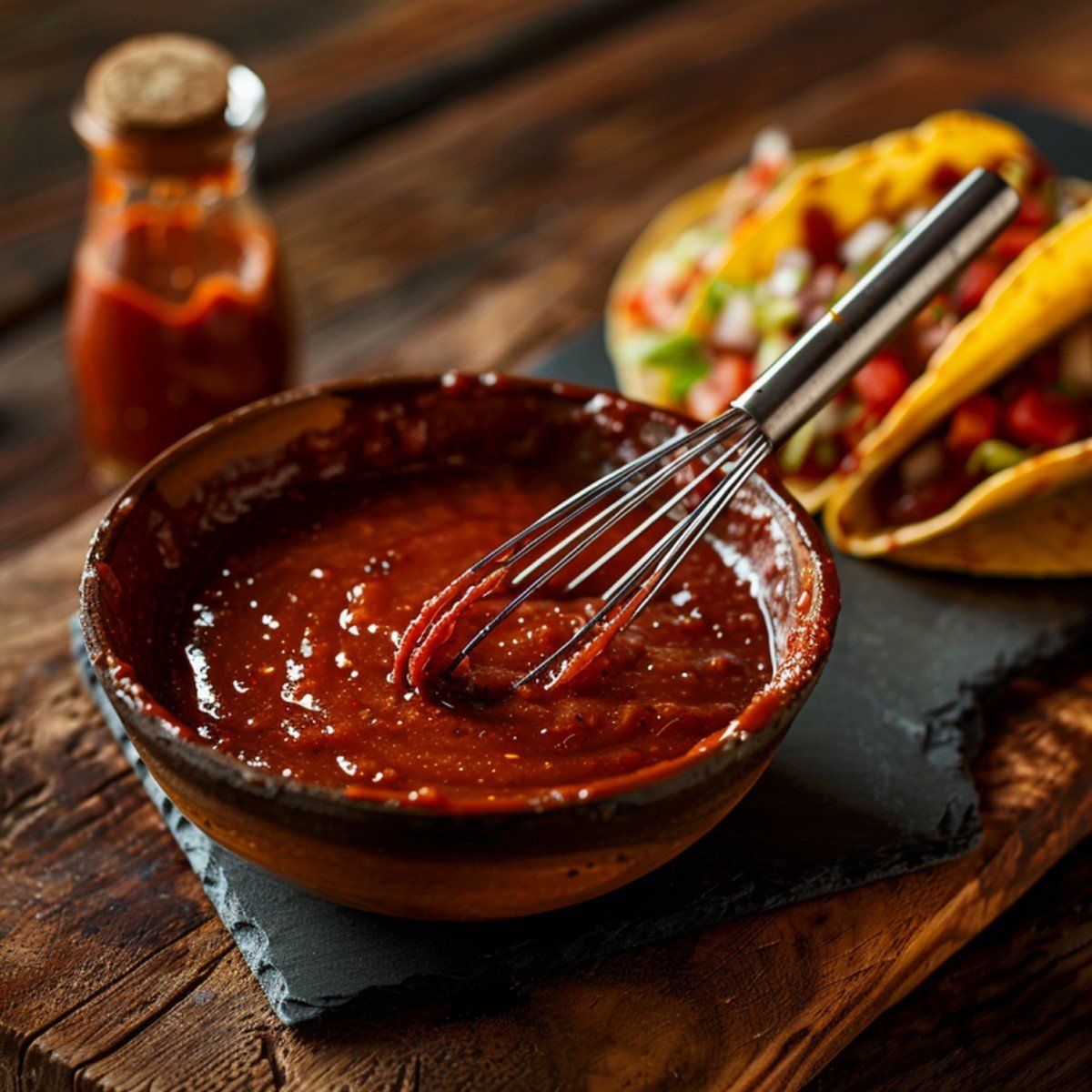 Deep red tomato taco sauce with a whisk resting in bowl coating it thickly with taco visible at the frame edge on wooden board
