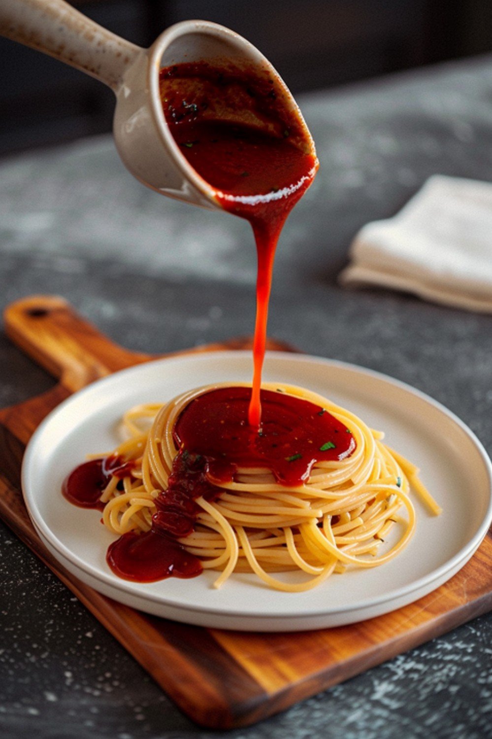 Classic tomato pasta sauce poured over spaghetti twirl in ceramic bowl