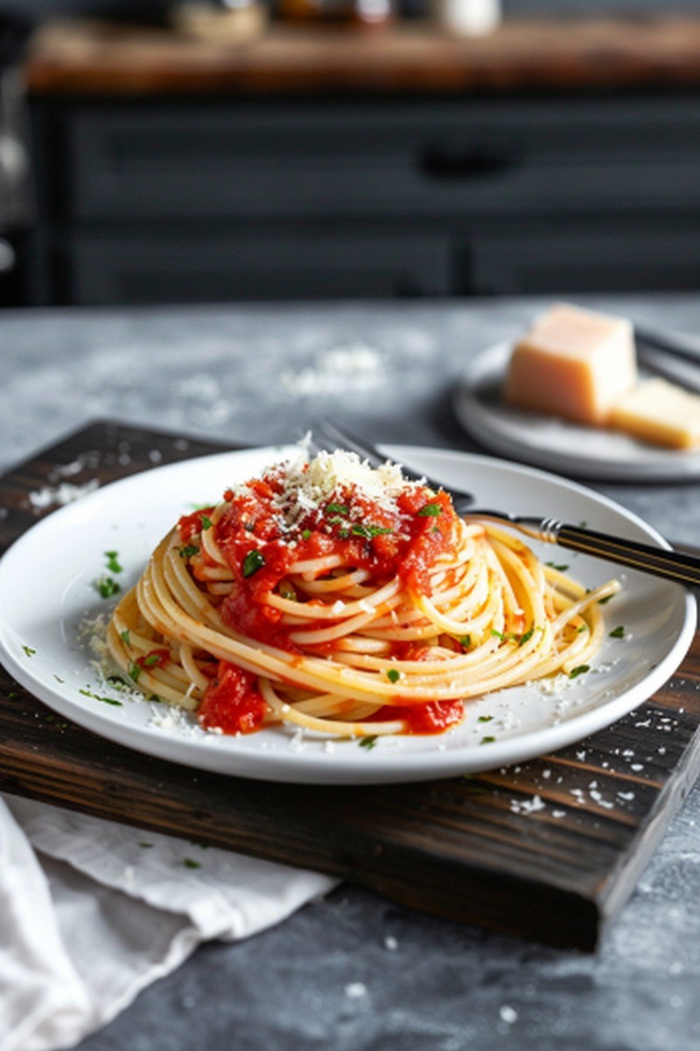 Date night spaghetti bowl with classic tomato pasta sauce and parmesan