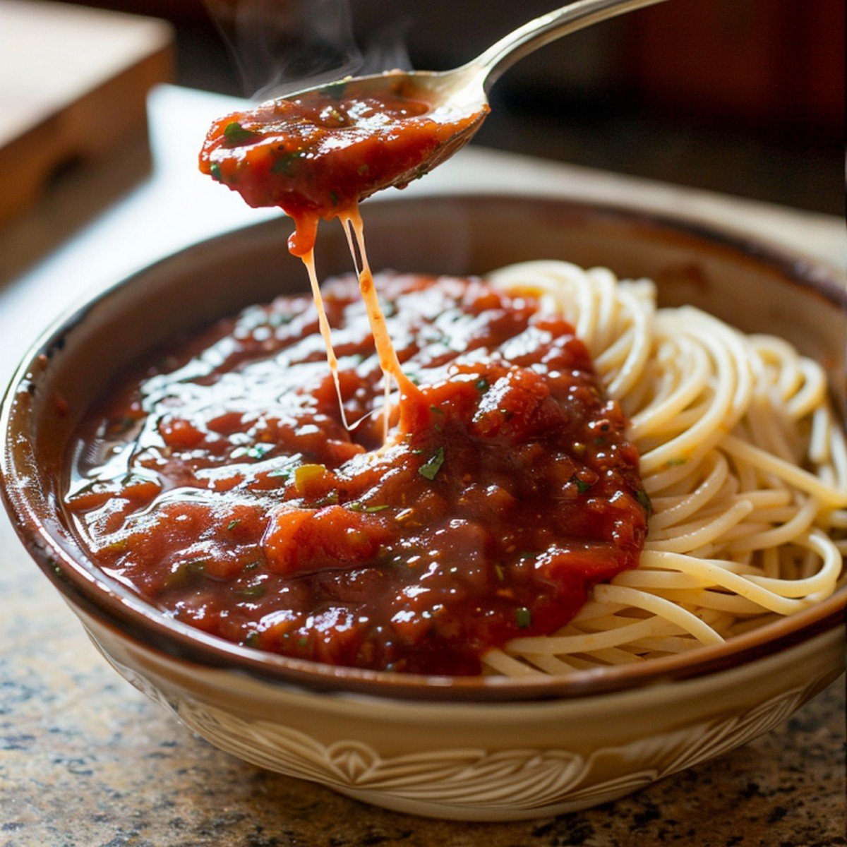 glossy red sauce coating spaghetti strands