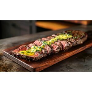 Bright golden cowboy butter with herb specks melting dramatically over sliced ribeye steak on wooden board in bold home kitchen setting