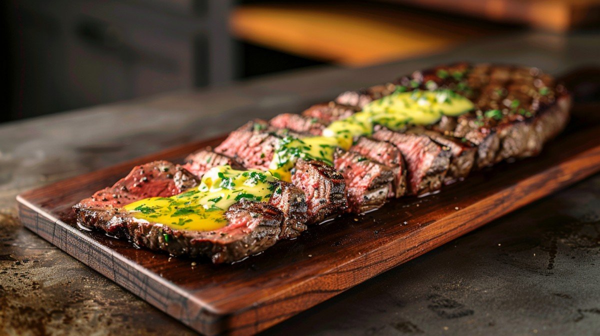 Bright golden cowboy butter with herb specks melting dramatically over sliced ribeye steak on wooden board in bold home kitchen setting
