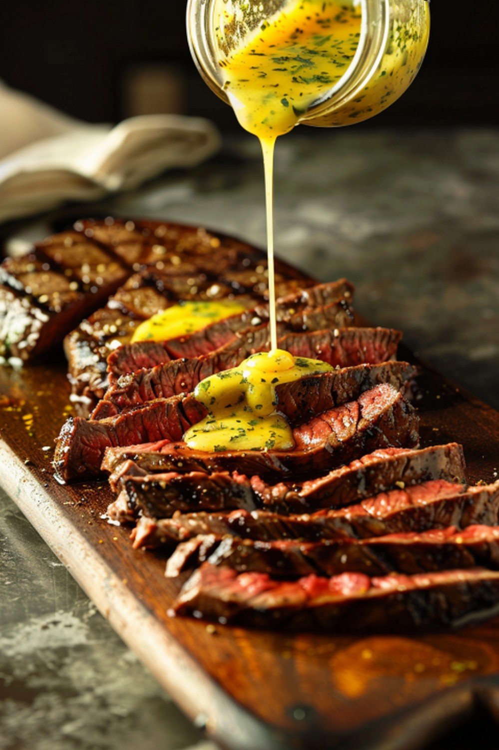 Bright golden cowboy butter drizzled from small jar in bold stream over sliced steak resting flat on wooden board in dramatic window light
