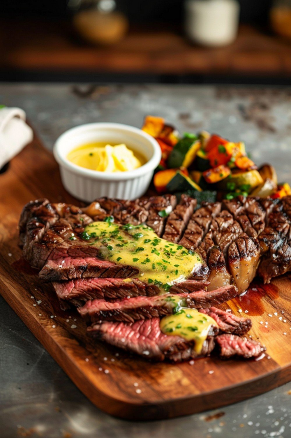 Bold steak night with golden herby cowboy butter ramekin beside sliced ribeye and roasted vegetables on wooden board in Jake kitchen
