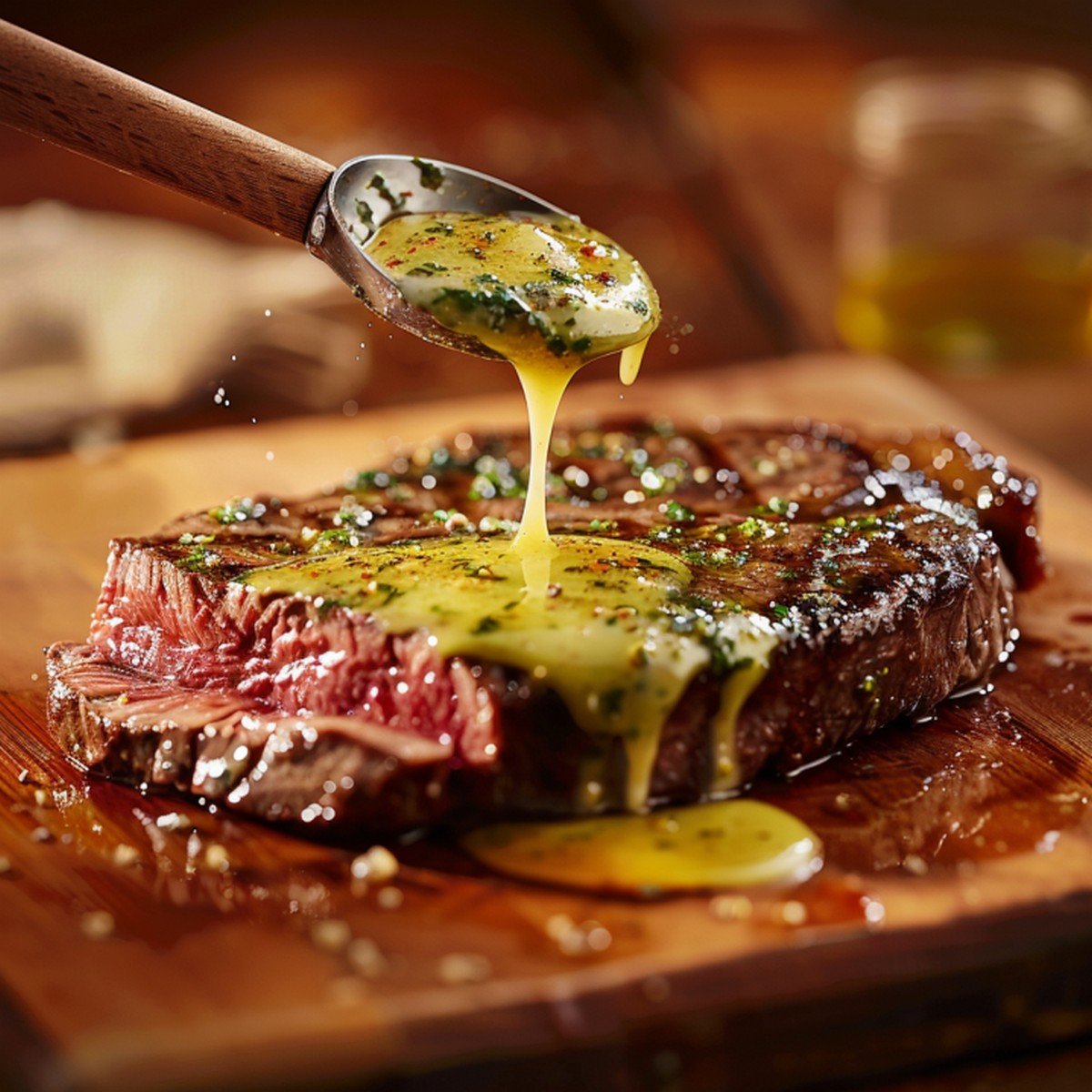 Bright golden compound butter with herb specks with small ladle releasing butter in slow continuous drip onto steak surface at frame edge
