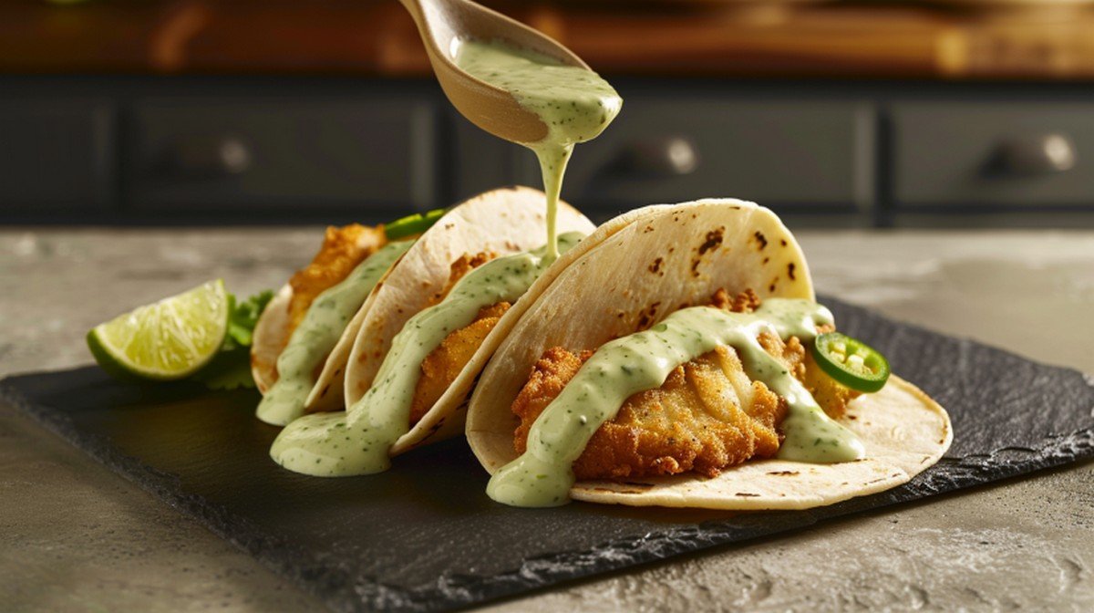 Creamy pale green jalapeño taco sauce drizzled over fish tacos on dark slate with lime wedge in warm home kitchen setting

