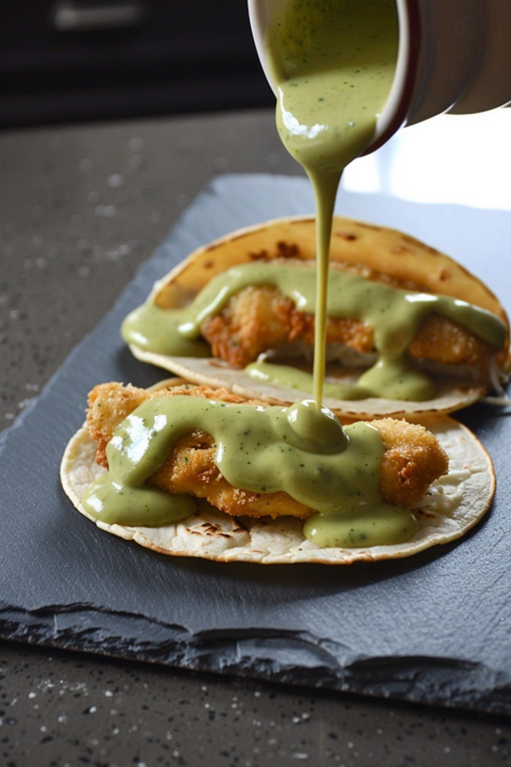 Pale creamy taco sauce poured from small ceramic pitcher in slow wide stream landing on crispy fish tacos resting open-face on dark slate
