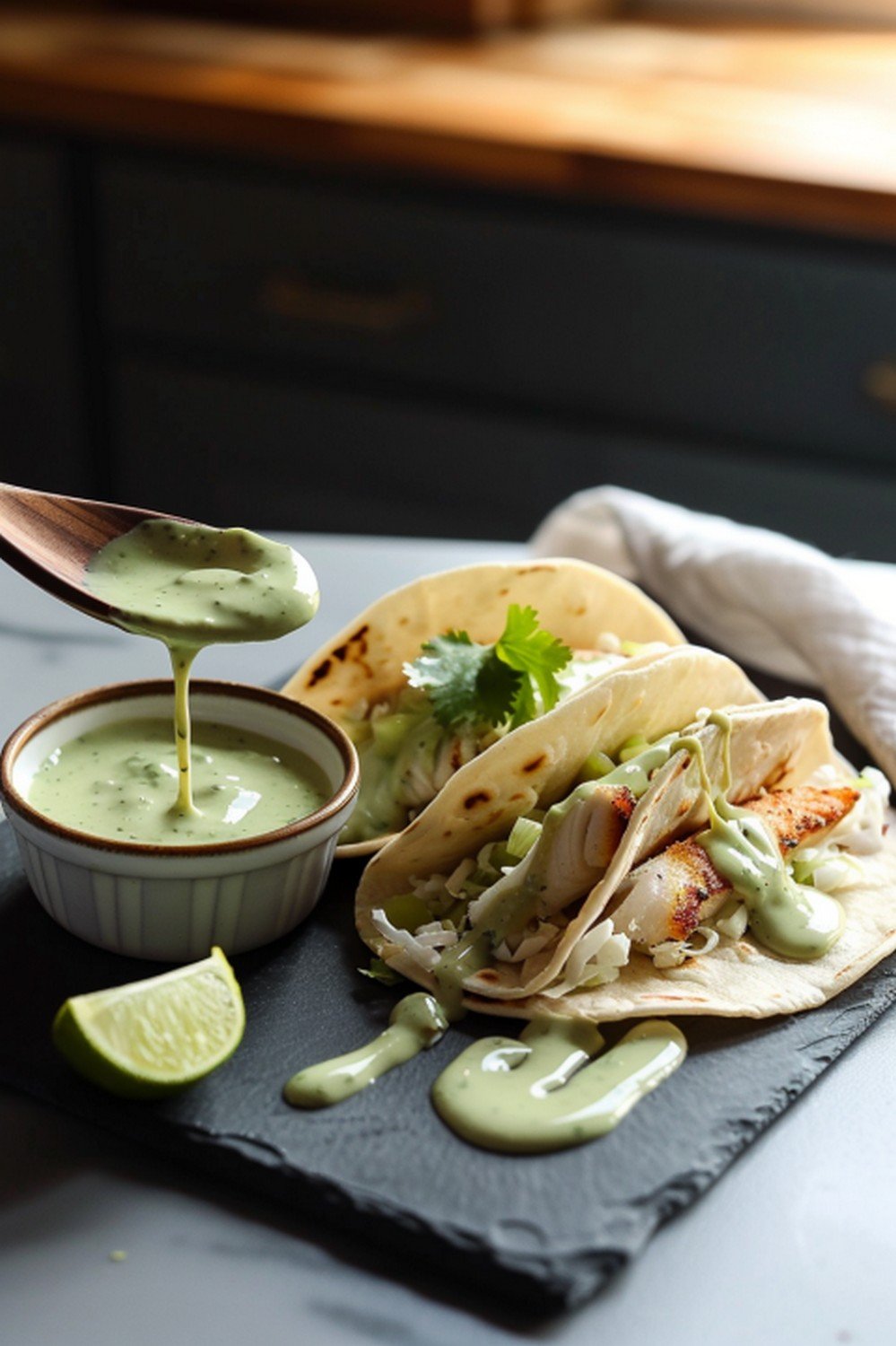 Taco Tuesday spread with creamy pale green sauce ramekin anchoring two loaded fish tacos with lime wedge on dark slate surface
