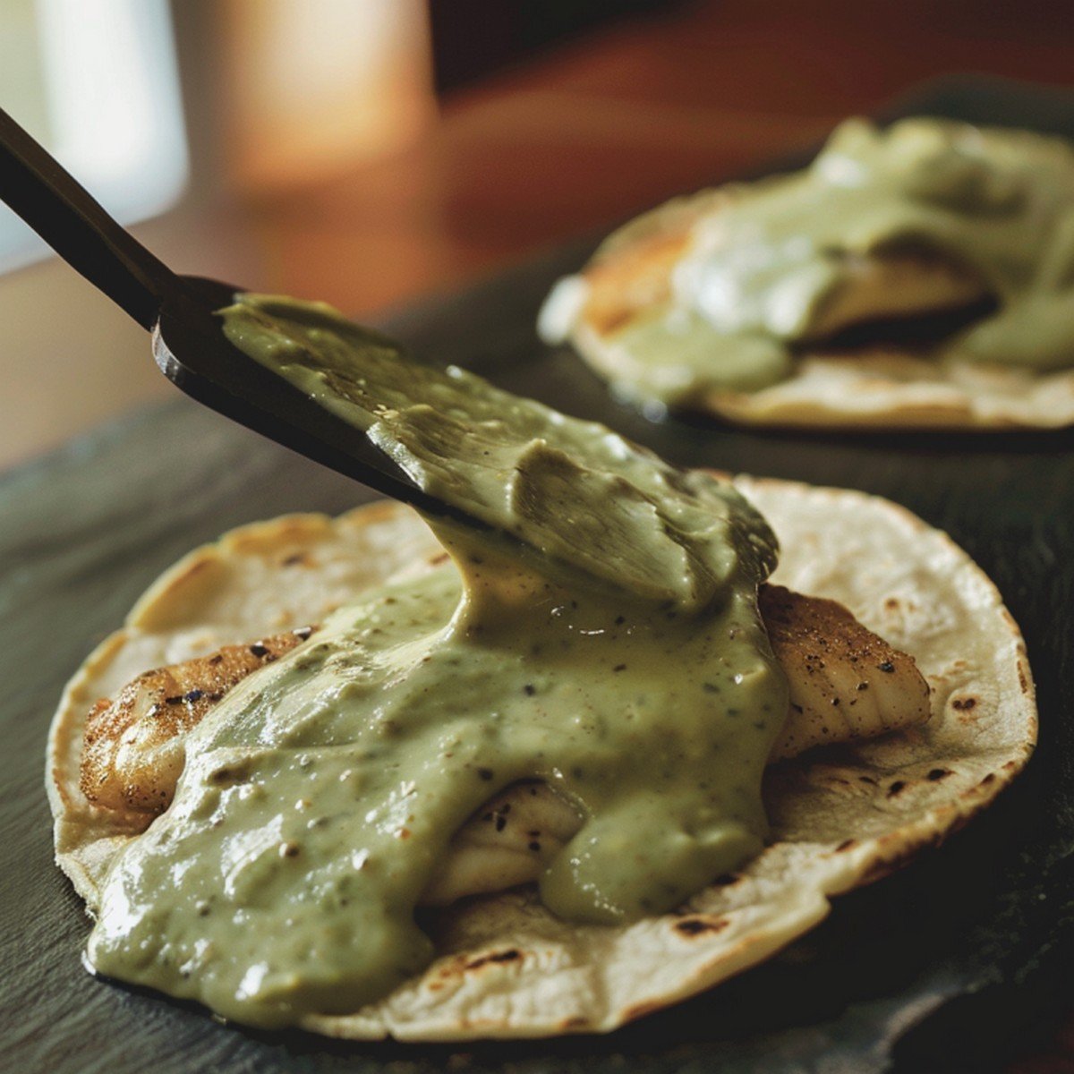 Pale cream taco sauce with spatula dragging through showing visible texture trail with taco visible at frame edge on wooden board
