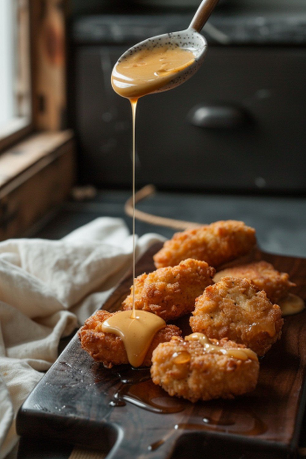 Honey mustard sauce drizzling from a spoon onto four crispy golden chicken nuggets
