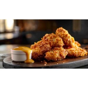 Pile of golden crispy homemade chicken nuggets on a wooden board with honey mustard sauce