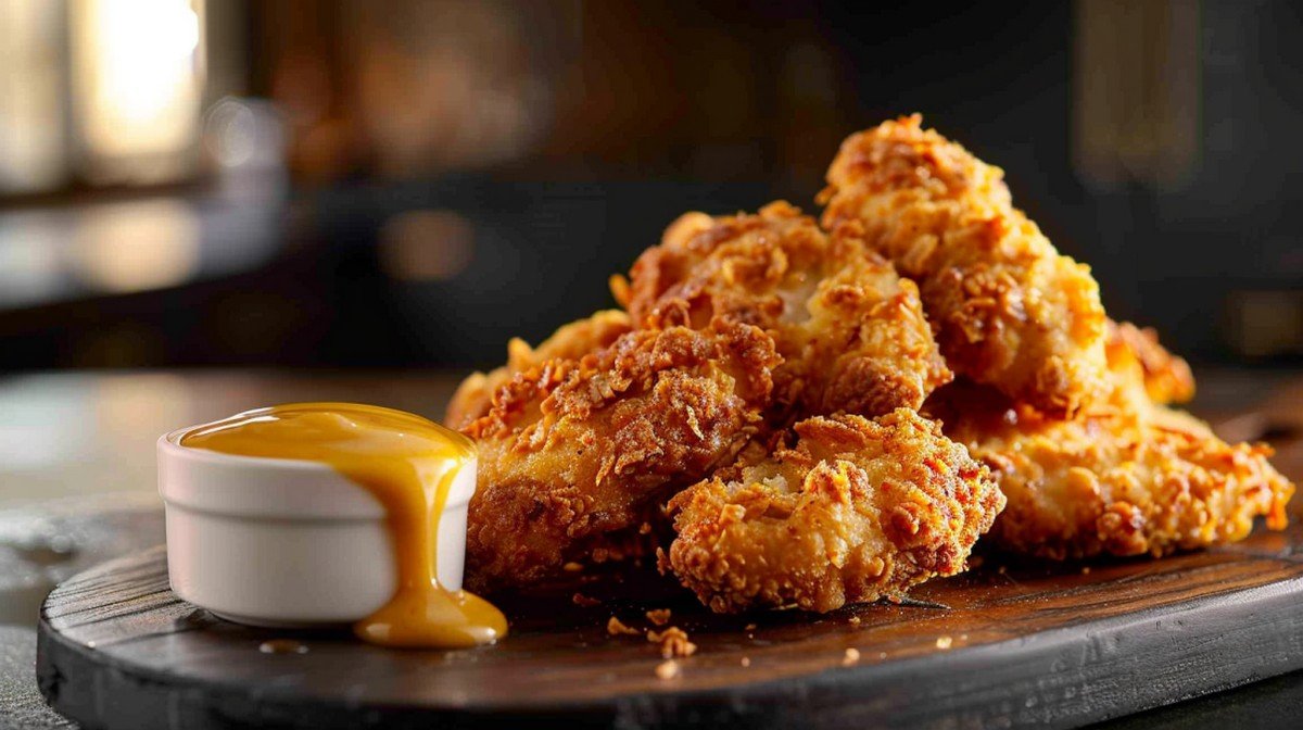 Pile of golden crispy homemade chicken nuggets on a wooden board with honey mustard sauce

