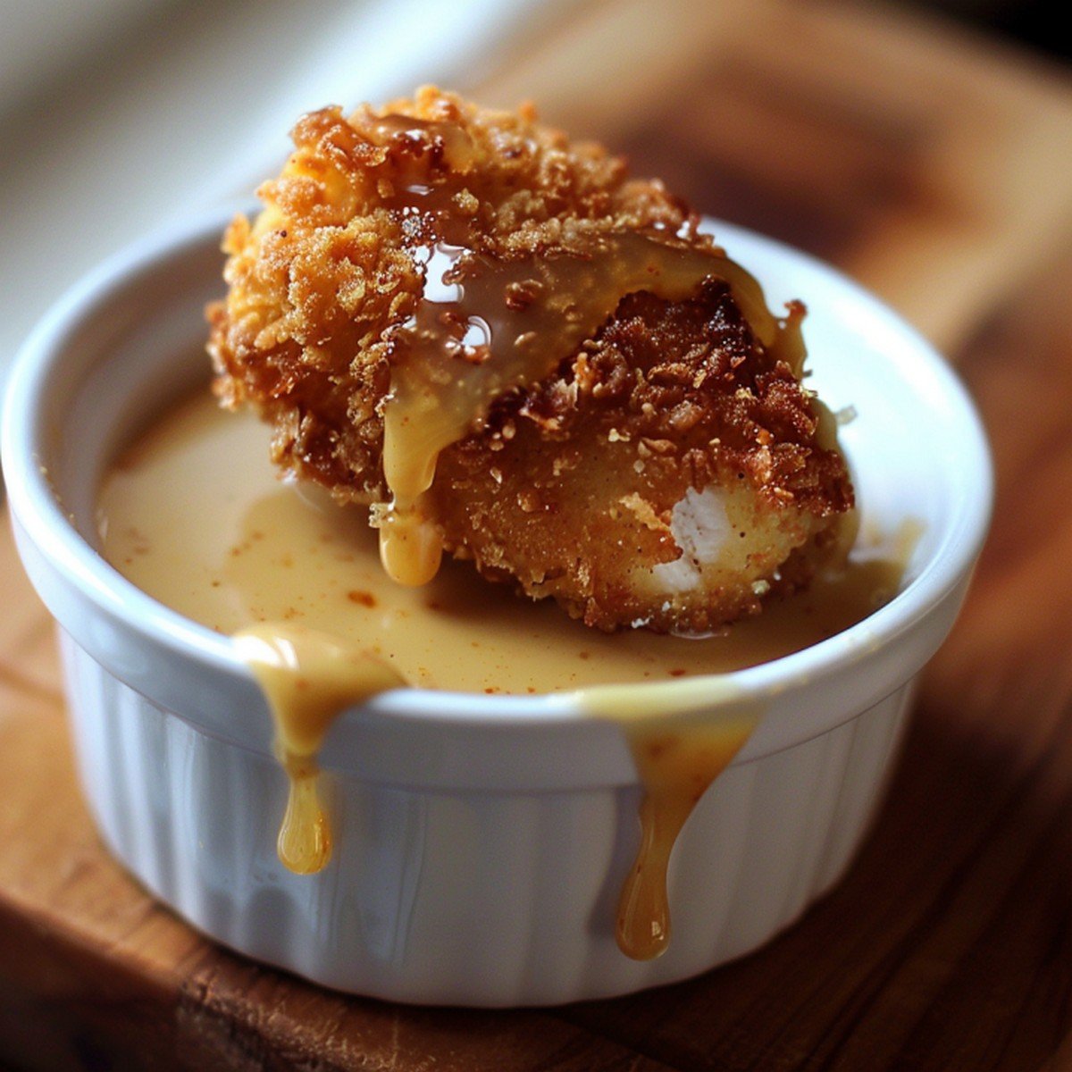 Close-up of a crispy chicken nugget dipped in honey mustard sauce showing craggy crust
