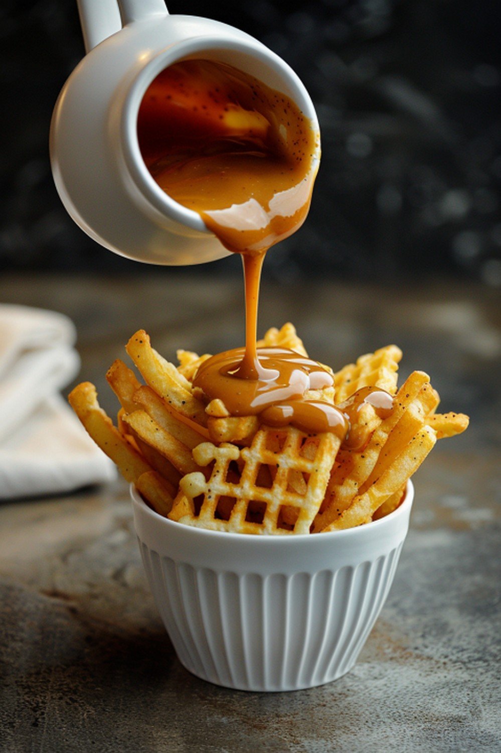 Golden-tan burger sauce poured from a small ceramic jar above golden waffle fries in a ceramic cup on a concrete countertop, sauce stream landing on the fries and flowing between them

