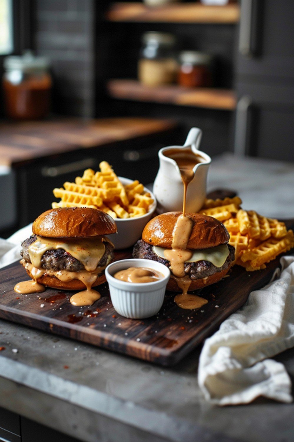 Game day spread on a dark wooden board with two smash burgers, sauce ramekins, and waffle fries, sauce drizzled in a visible stream from a ceramic pitcher, warm kitchen light from left

