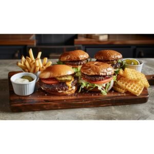 Large wooden board spread with three smash burgers, two sauce ramekins, waffle fries in a ceramic cup, and toppings arranged in sections on a home kitchen counter with warm window light
