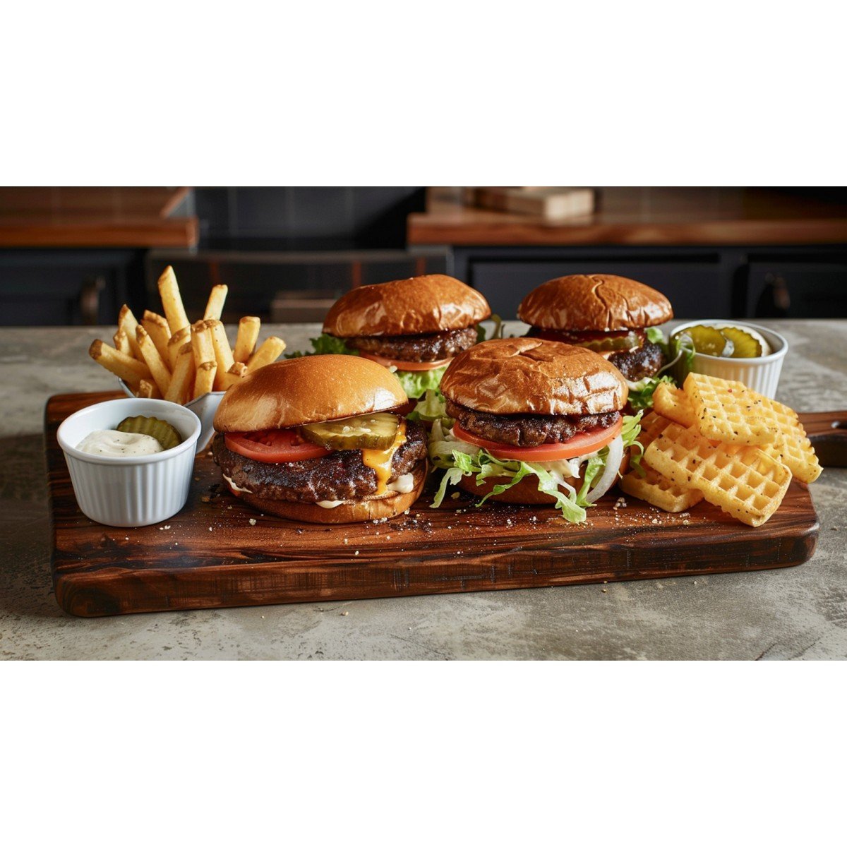 Large wooden board spread with three smash burgers, two sauce ramekins, waffle fries in a ceramic cup, and toppings arranged in sections on a home kitchen counter with warm window light