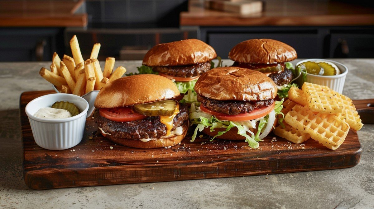 Large wooden board spread with three smash burgers, two sauce ramekins, waffle fries in a ceramic cup, and toppings arranged in sections on a home kitchen counter with warm window light
