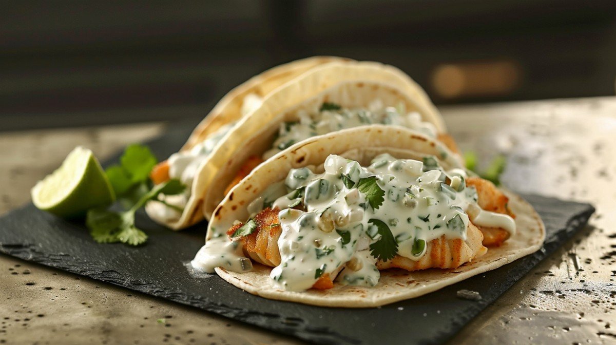 Cool creamy fish taco sauce drizzled over two crispy fish tacos with cilantro and lime on dark slate in warm natural kitchen light
