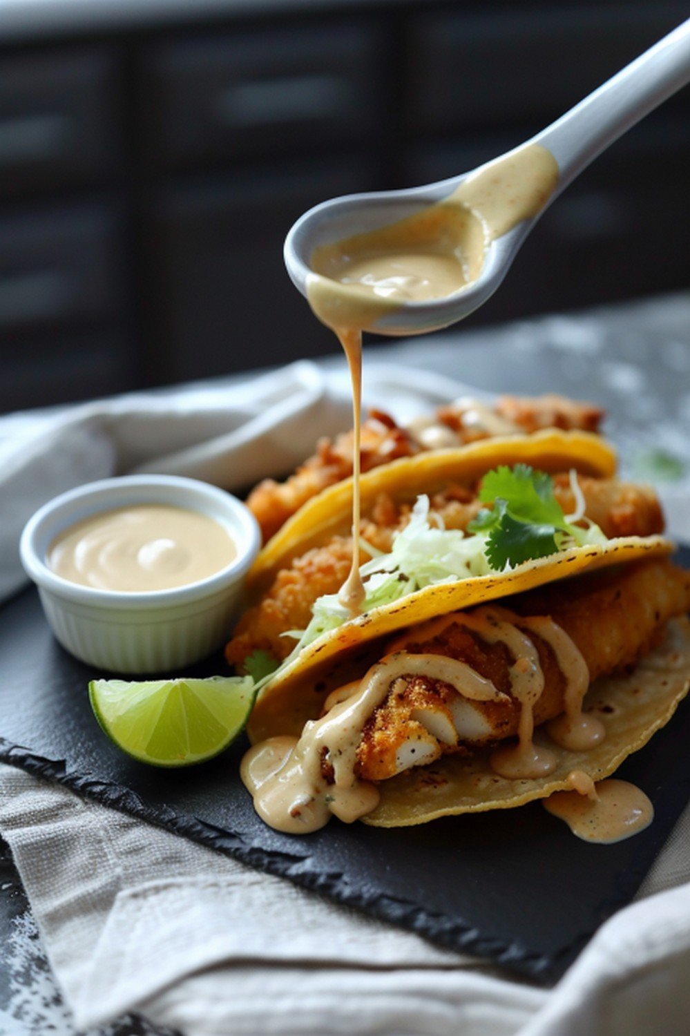 Cool creamy white taco sauce poured from small ceramic pitcher in slow stream landing on crispy fish tacos resting open-face on dark slate
