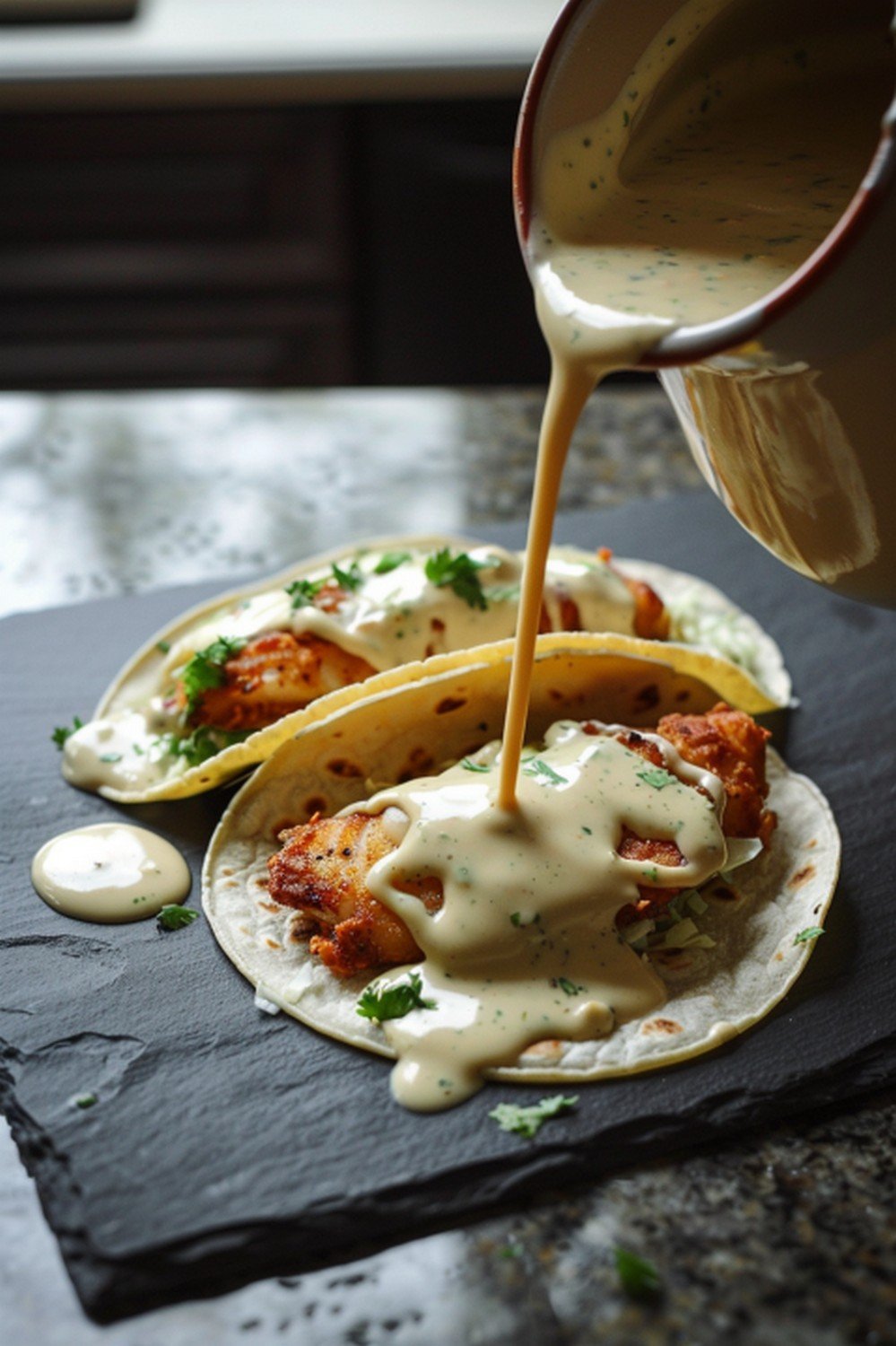 Fish taco setup with creamy white herb sauce ramekin beside two loaded fish tacos with lime wedge and cilantro on dark slate
