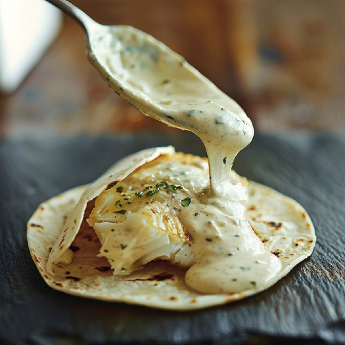 Pale white creamy fish taco sauce with herb flecks being spooned over fish taco showing swirl movement with food at frame edge
