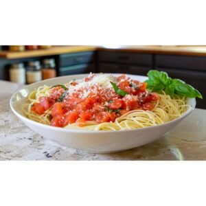 Light fresh tomato sauce tossed with angel hair pasta in white bowl