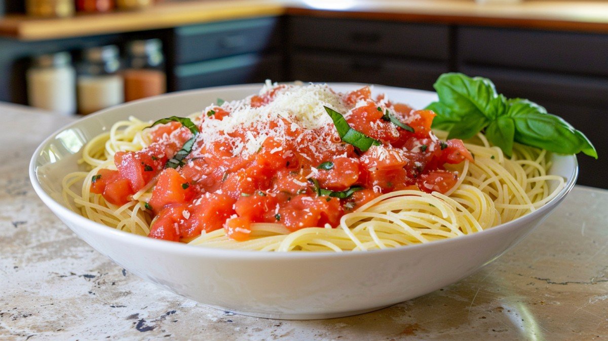 Light fresh tomato sauce tossed with angel hair pasta in white bowl