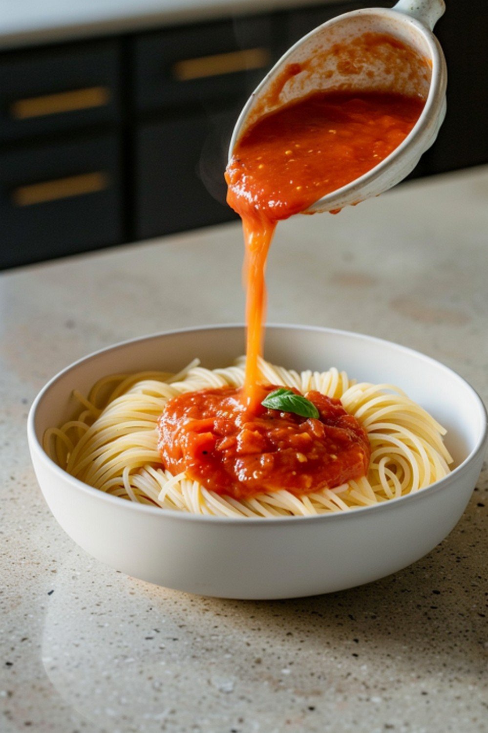 Fresh tomato sauce poured over angel hair pasta in white ceramic bowl