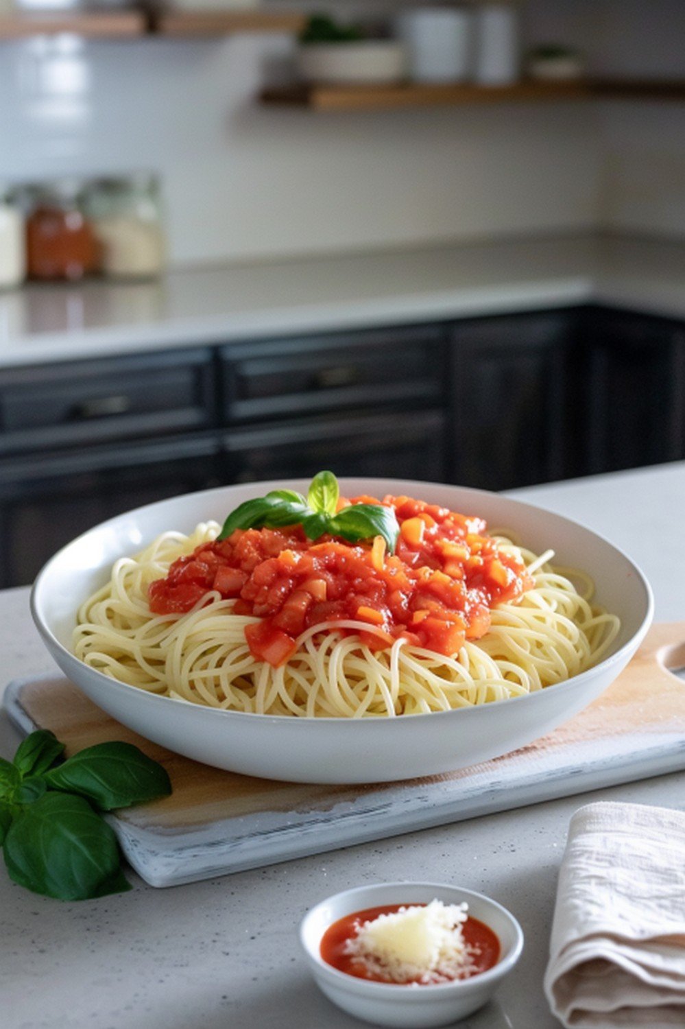 Bright summer pasta dinner with fresh tomato sauce and fresh basil