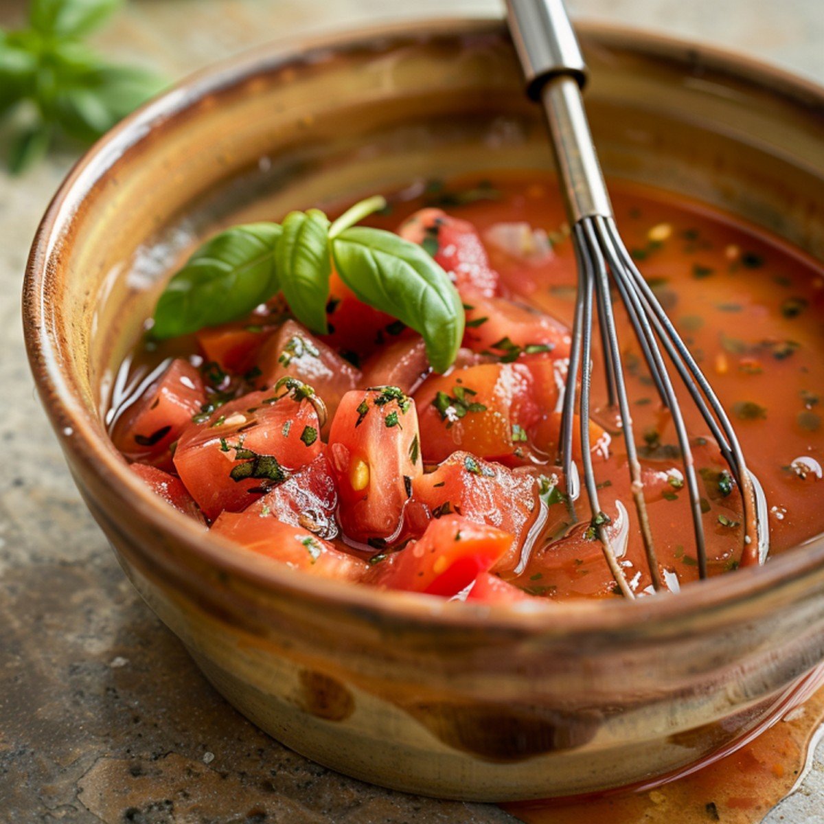Close-up of bright fresh tomato sauce with chunky tomato pieces and herbs