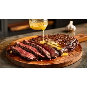 Rich golden garlic butter sauce melting over sliced ribeye steak on large wooden board in warm home kitchen editorial setting
