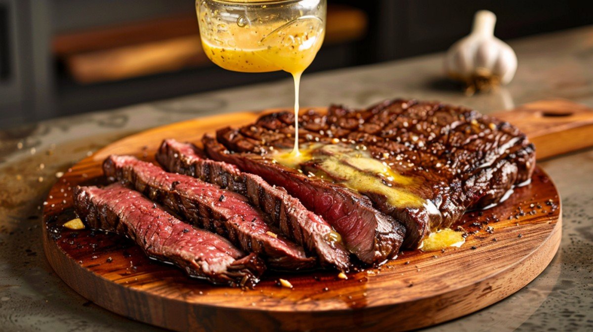 Rich golden garlic butter sauce melting over sliced ribeye steak on large wooden board in warm home kitchen editorial setting
