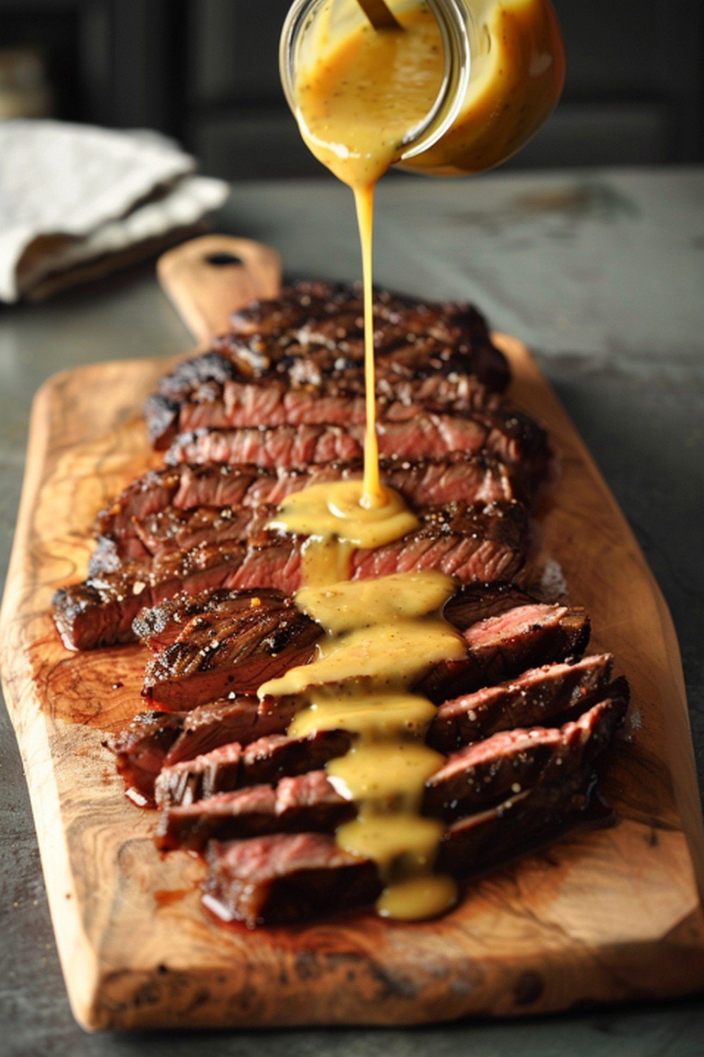Rich golden garlic butter sauce drizzled from small jar in visible bold stream over sliced steak resting flat on wooden board

