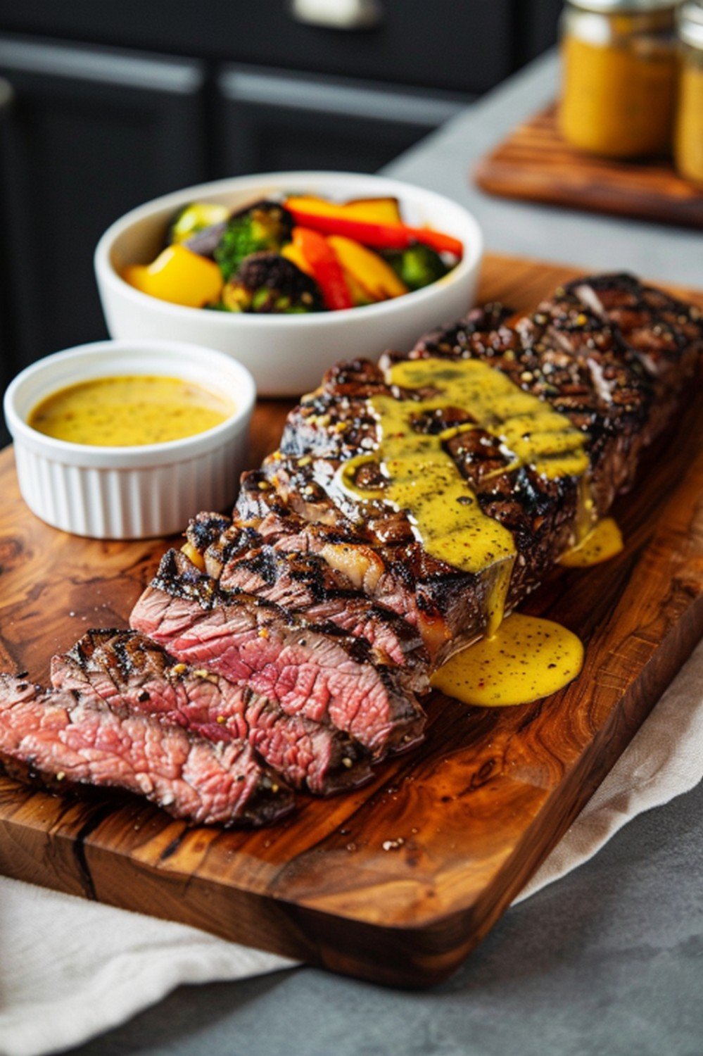 Summer steak night with garlic butter ramekin beside sliced ribeye on wooden board and roasted vegetables at edge in Jake kitchen
