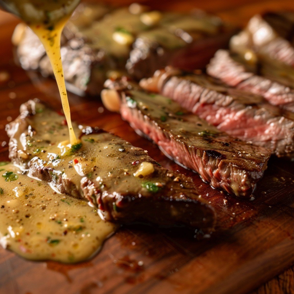 Rich golden melted butter sauce with garlic flecks with sauce being stirred showing visible swirl catching window light with steak at frame edge
