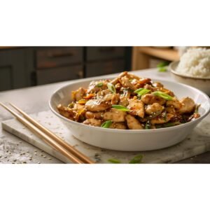 Garlic ginger sauce coating chicken stir fry in white ceramic bowl with chopsticks