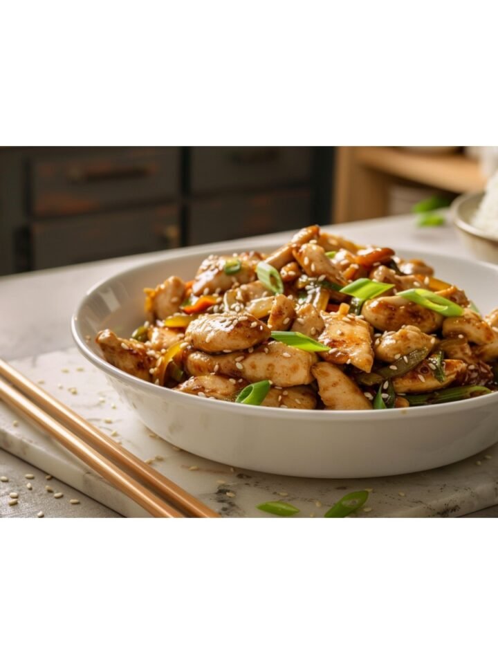 Garlic ginger sauce coating chicken stir fry in white ceramic bowl with chopsticks