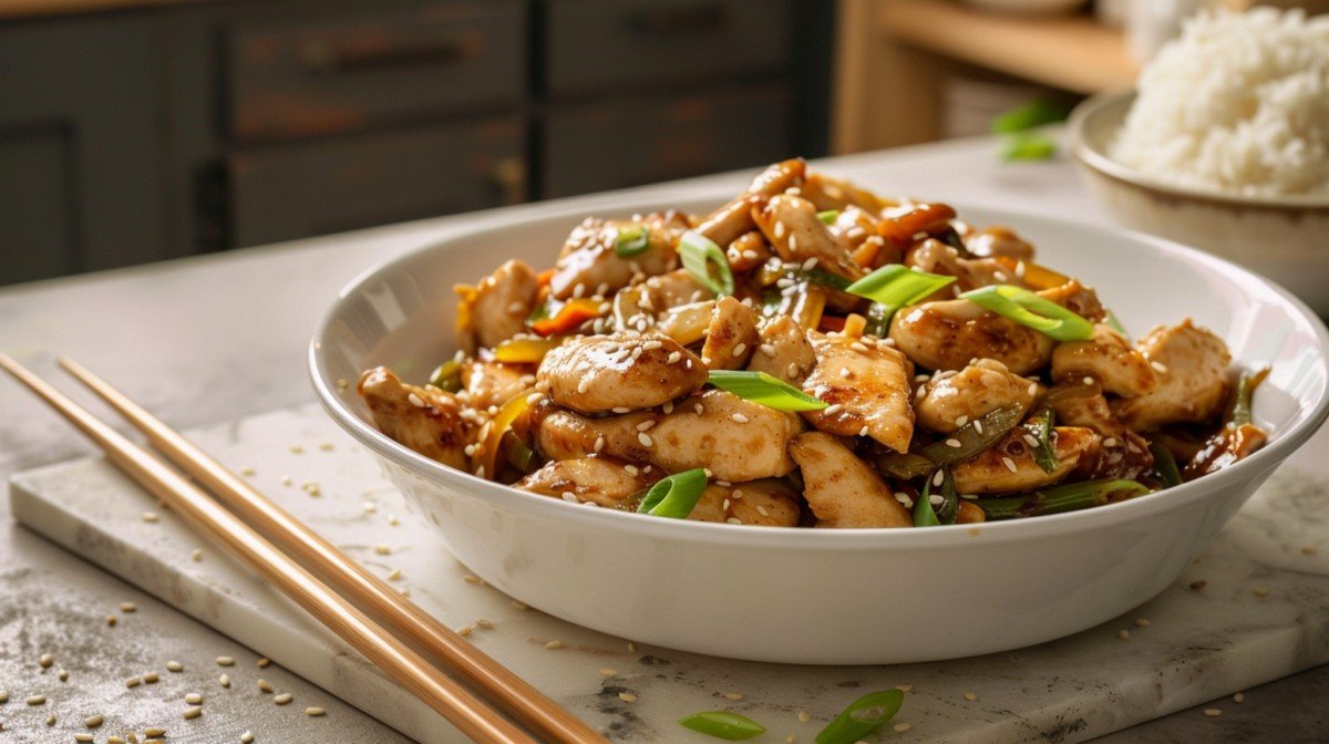 Garlic ginger sauce coating chicken stir fry in white ceramic bowl with chopsticks