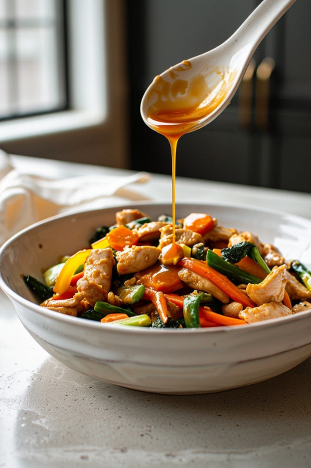 Garlic ginger sauce drizzled over chicken stir fry in white ceramic bowl