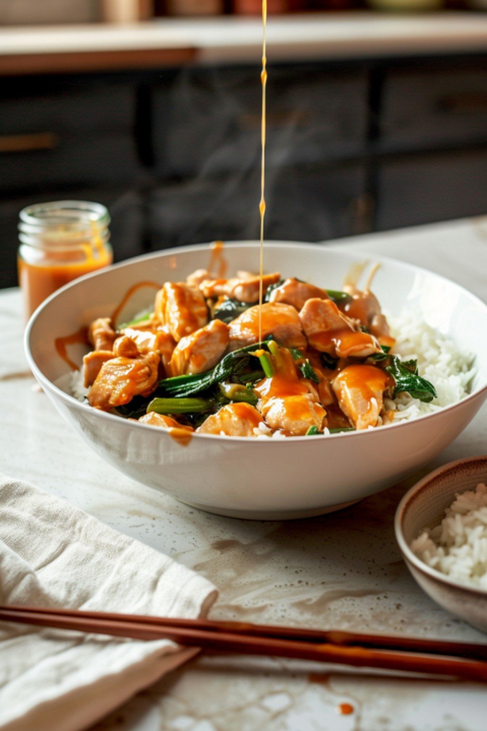 Clean Asian weeknight dinner bowl with garlic ginger sauce chicken stir fry and rice