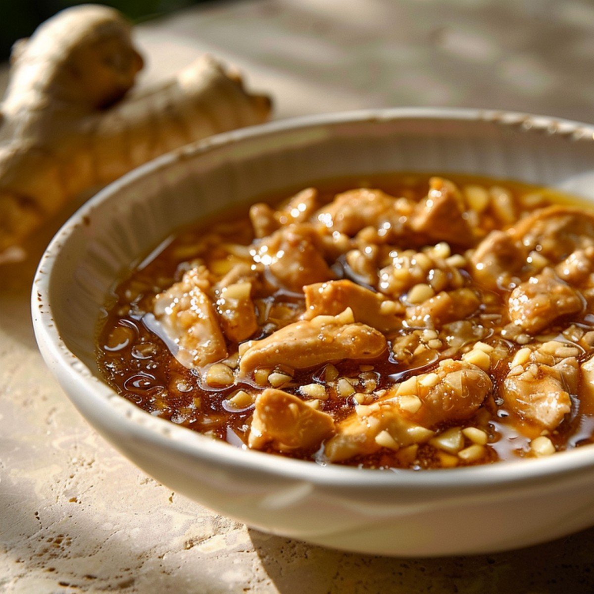 Close-up of glossy golden-amber garlic ginger sauce with visible garlic and ginger pieces