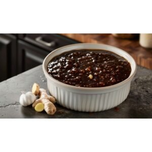 Garlic ginger stir fry sauce in white bowl with fresh garlic cloves and ginger root on concrete countertop