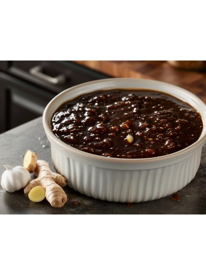 Garlic ginger stir fry sauce in white bowl with fresh garlic cloves and ginger root on concrete countertop