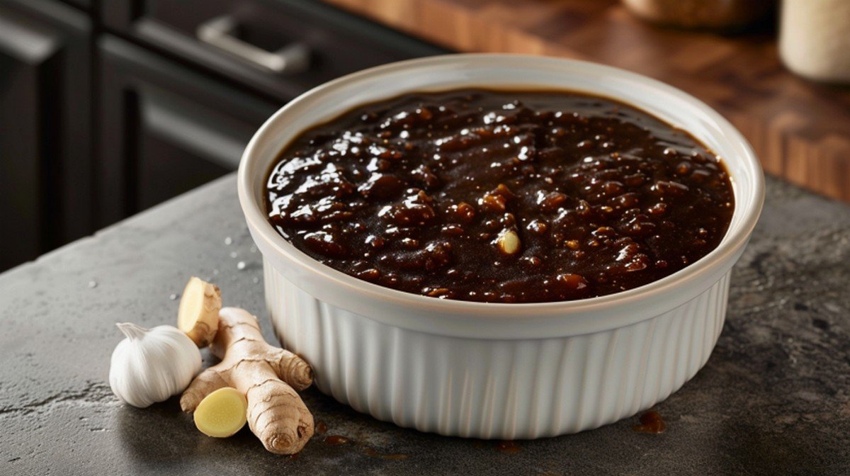 Garlic ginger stir fry sauce in white bowl with fresh garlic cloves and ginger root on concrete countertop
