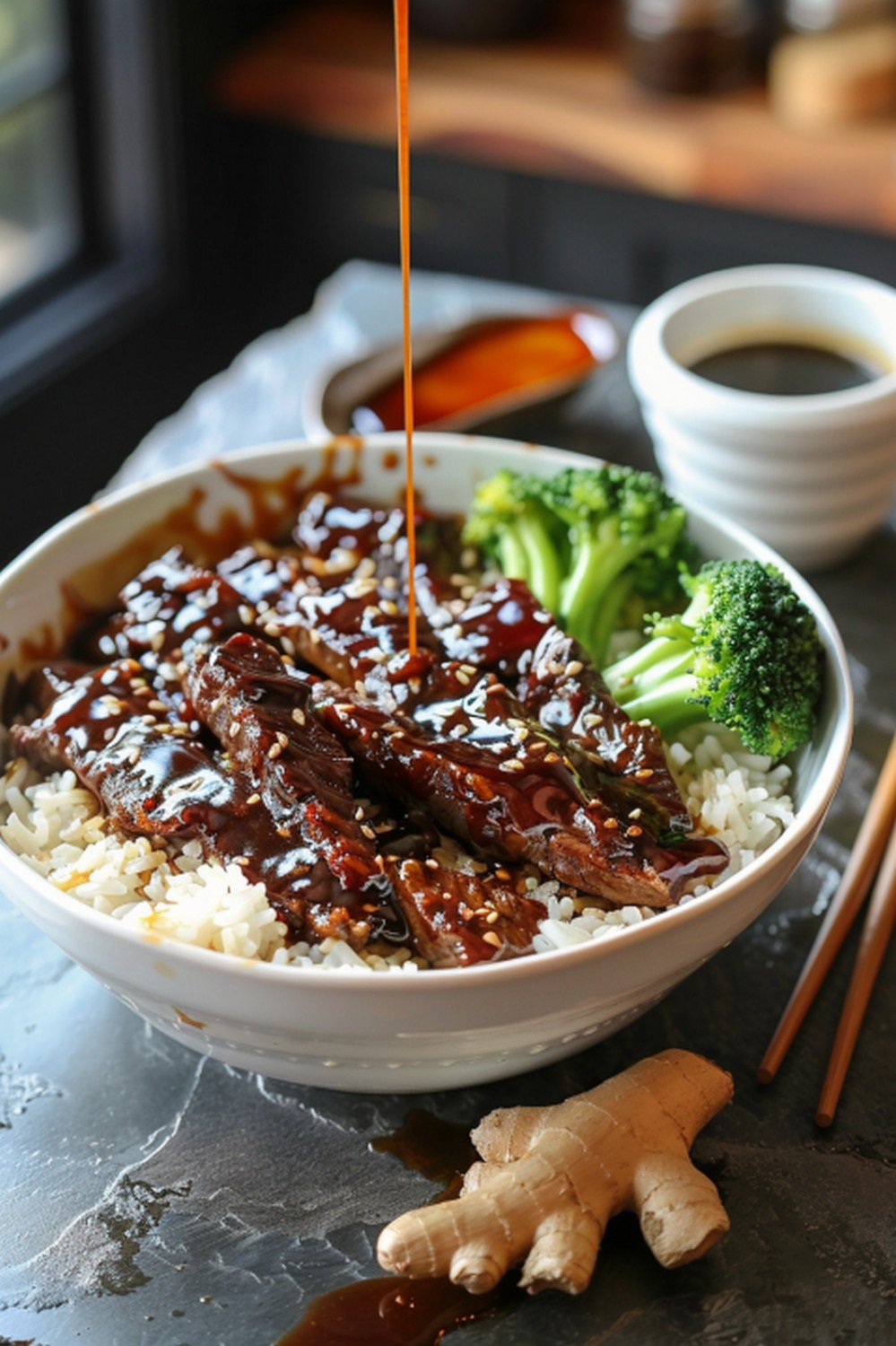 Spatula dragging through glossy dark garlic ginger sauce showing texture trail with beef on wooden board
