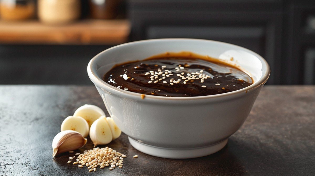 Garlic soy stir fry sauce in white ceramic bowl on concrete countertop with minced garlic beside it
